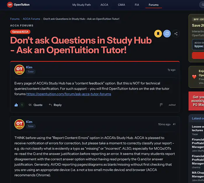 OpenTuition forum topic displayed in dark mode