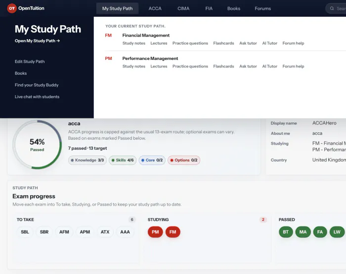OpenTuition My Study Path with quick links to study materials and ACCA exam progress