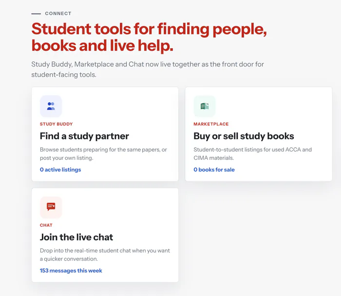 OpenTuition Connect page with Study Buddy, Marketplace and Live Chat