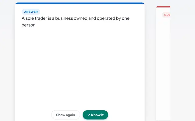 A flashcard turned over to show its answer, with Show again and Know it