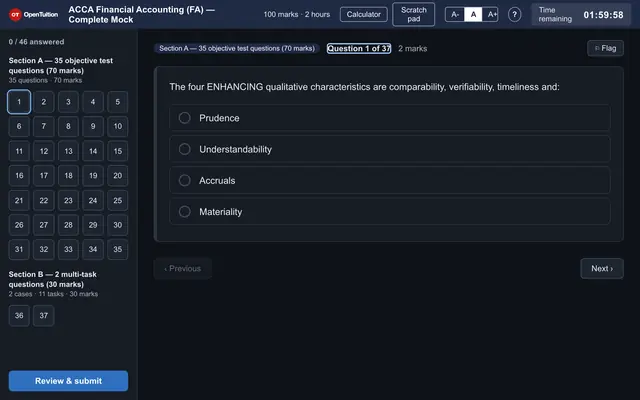 The mock exam screen: the question list and the first question