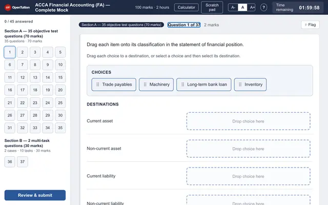 The mock exam screen: the question list and the first question